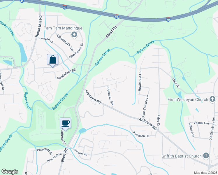 map of restaurants, bars, coffee shops, grocery stores, and more near 2004 Falcon Wood Court in Winston-Salem