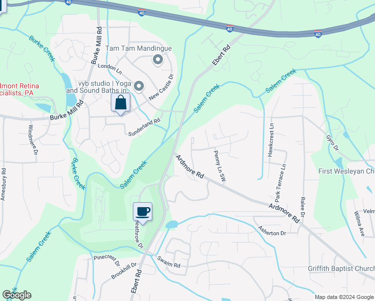 map of restaurants, bars, coffee shops, grocery stores, and more near 1905 Crest Bluff View Drive in Winston-Salem