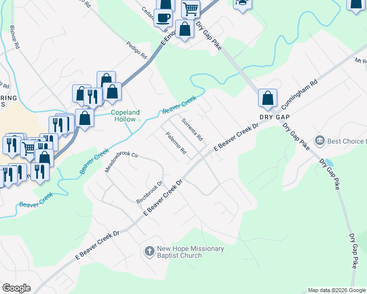 map of restaurants, bars, coffee shops, grocery stores, and more near 7242 Palermo Road in Knoxville