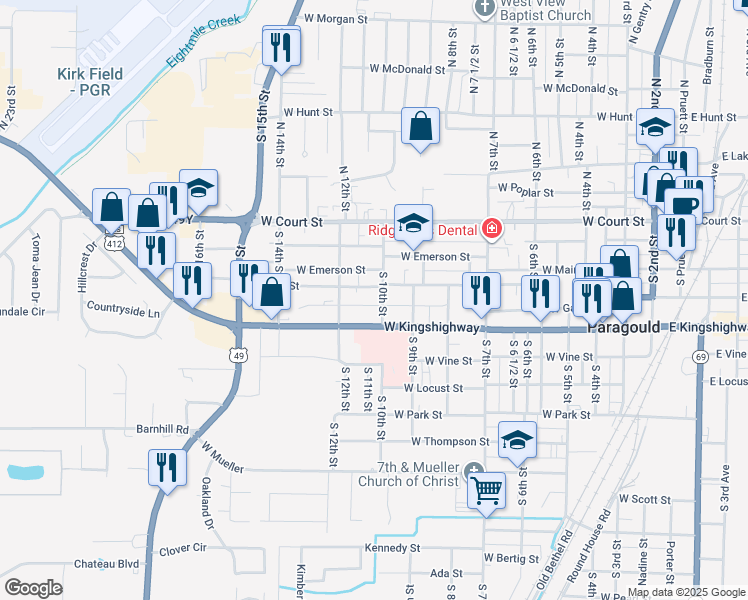 map of restaurants, bars, coffee shops, grocery stores, and more near 208 South 10th Street in Paragould