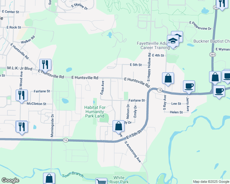 map of restaurants, bars, coffee shops, grocery stores, and more near 896 South Silverado Drive in Fayetteville