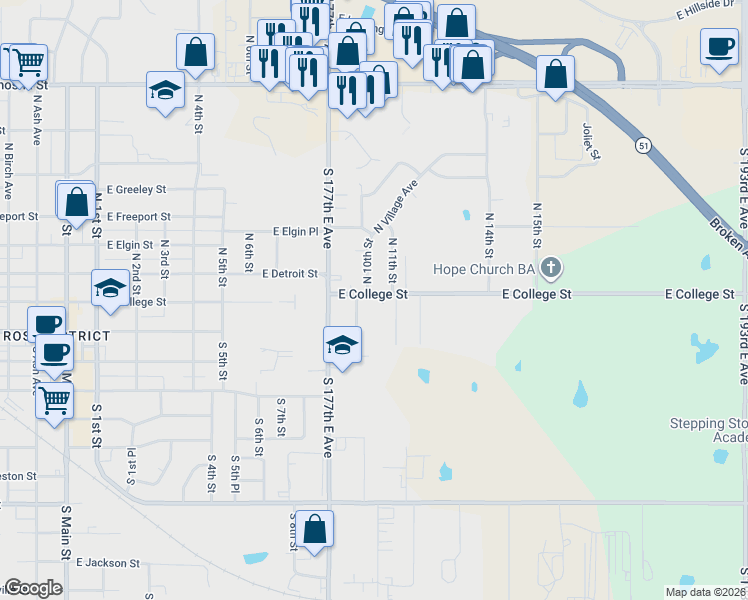 map of restaurants, bars, coffee shops, grocery stores, and more near 200 North 10th Street in Broken Arrow