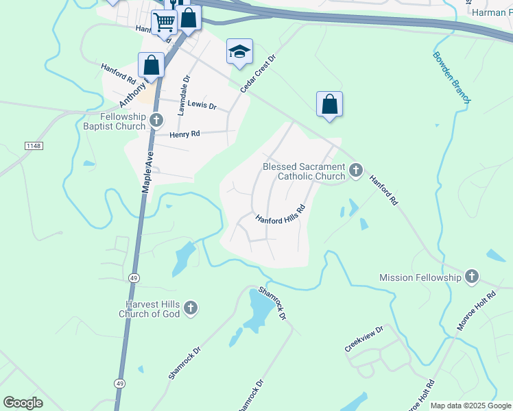 map of restaurants, bars, coffee shops, grocery stores, and more near 1412 Hanford Hills Road in Graham