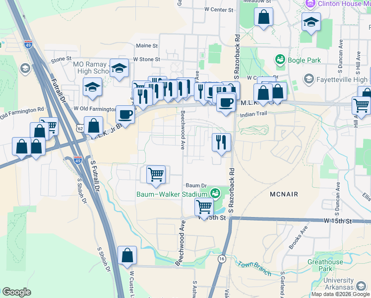 map of restaurants, bars, coffee shops, grocery stores, and more near 988 Beechwood Avenue in Fayetteville