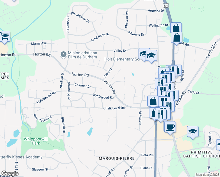 map of restaurants, bars, coffee shops, grocery stores, and more near 4004 Candlewick Way in Durham