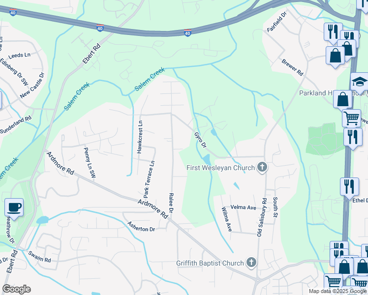 map of restaurants, bars, coffee shops, grocery stores, and more near 1783 Sterling Trails Court in Winston-Salem