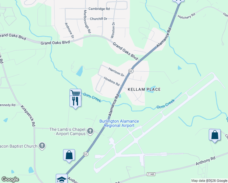 map of restaurants, bars, coffee shops, grocery stores, and more near 3245 Alamance Road in Burlington
