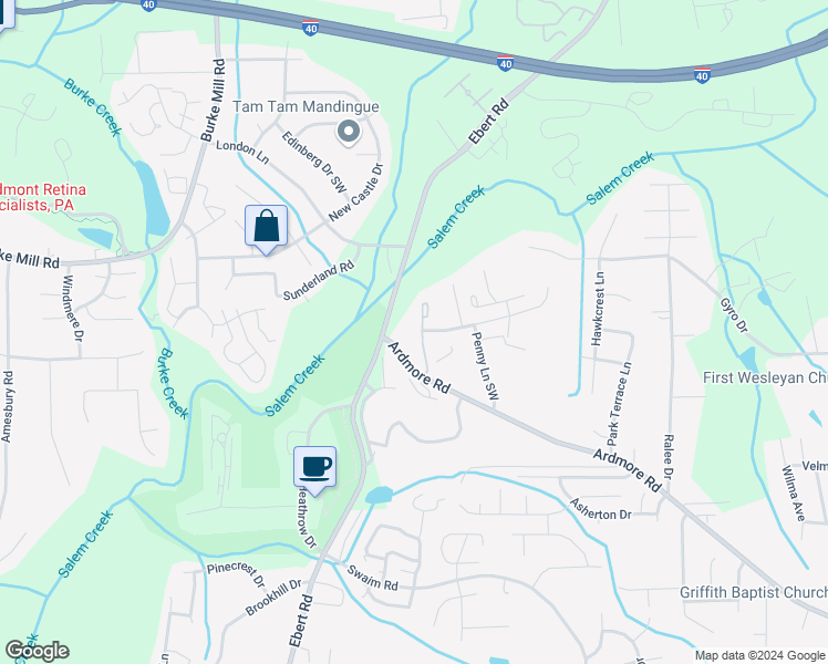 map of restaurants, bars, coffee shops, grocery stores, and more near 1905 Crest Hollow Drive in Winston-Salem