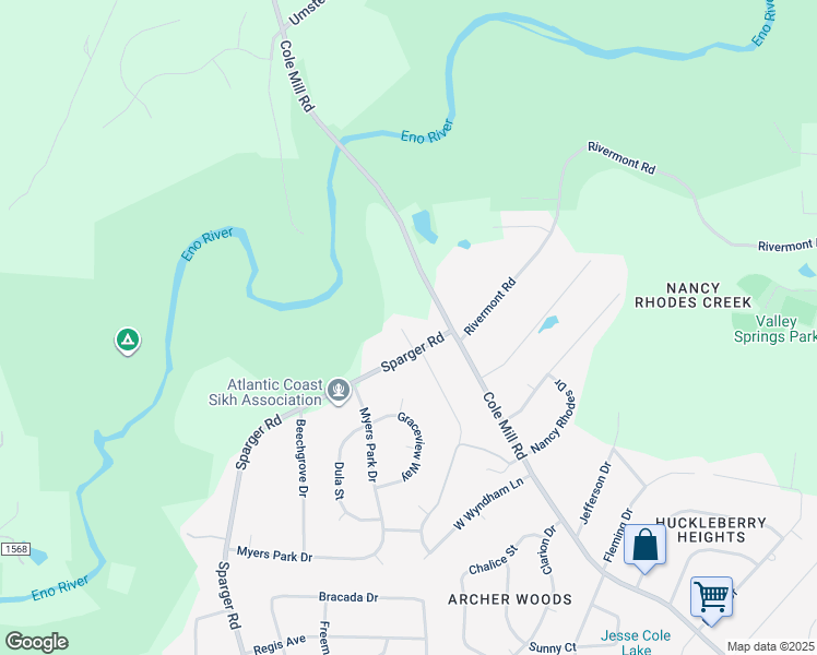 map of restaurants, bars, coffee shops, grocery stores, and more near 3231 Sparger Road in Durham