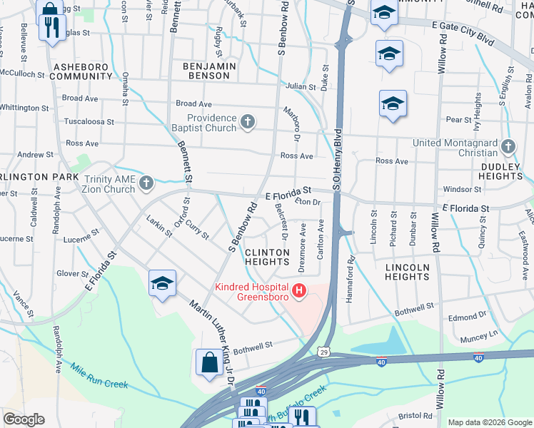 map of restaurants, bars, coffee shops, grocery stores, and more near 1100 East Florida Street in Greensboro