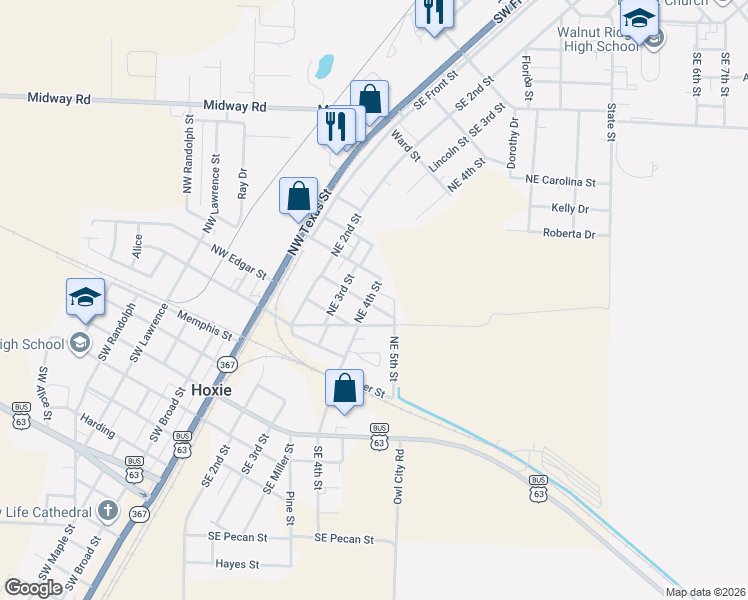 map of restaurants, bars, coffee shops, grocery stores, and more near 404 Northeast 4th Street in Hoxie