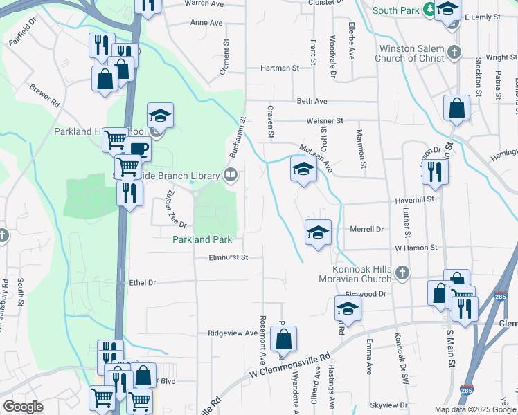 map of restaurants, bars, coffee shops, grocery stores, and more near 823 Brickwood Court in Winston-Salem