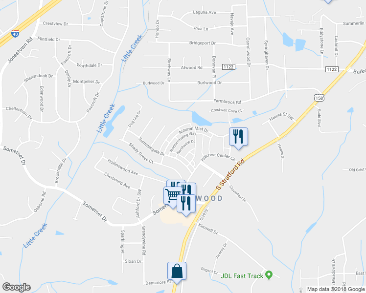 map of restaurants, bars, coffee shops, grocery stores, and more near Northwick Drive in Winston-Salem