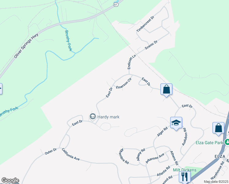 map of restaurants, bars, coffee shops, grocery stores, and more near 382 East Drive in Oak Ridge