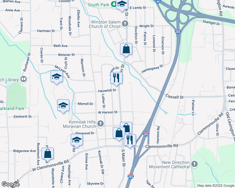 map of restaurants, bars, coffee shops, grocery stores, and more near 3208 South Main Street in Winston-Salem