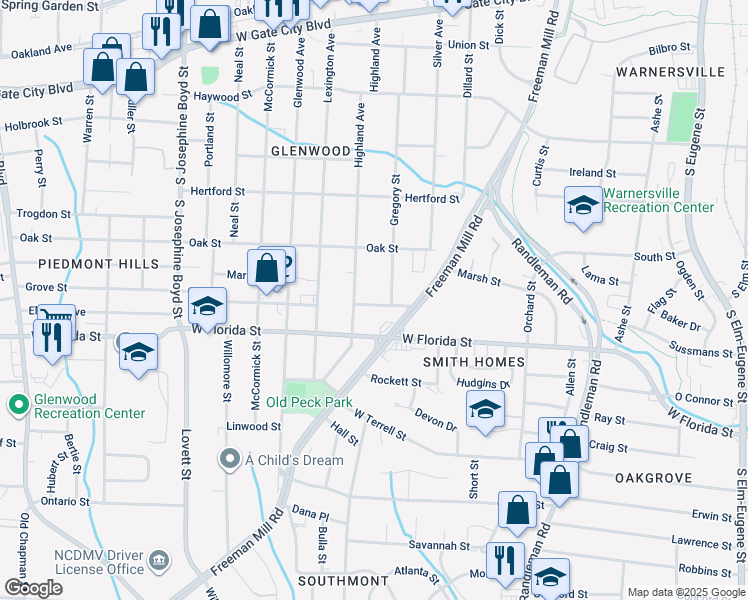 map of restaurants, bars, coffee shops, grocery stores, and more near 912 Barringer Street in Greensboro