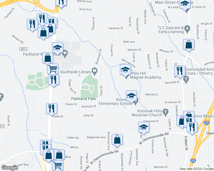 map of restaurants, bars, coffee shops, grocery stores, and more near 823 Brickwood Court in Winston-Salem