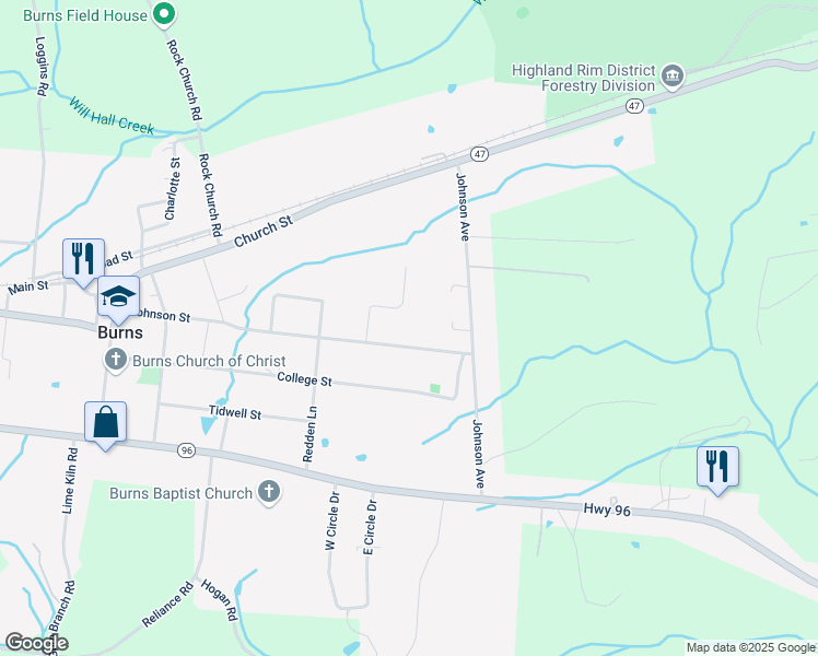 map of restaurants, bars, coffee shops, grocery stores, and more near 930 Stamper Street in Burns