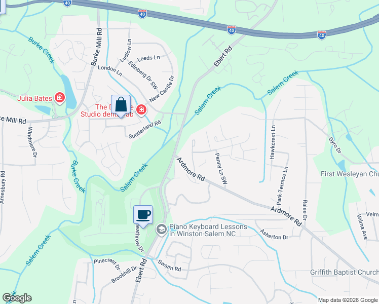 map of restaurants, bars, coffee shops, grocery stores, and more near 1885 Crest Bluff View Drive in Winston-Salem