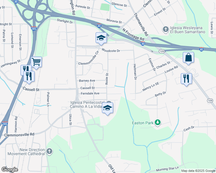 map of restaurants, bars, coffee shops, grocery stores, and more near 901 Cassell Street in Winston-Salem