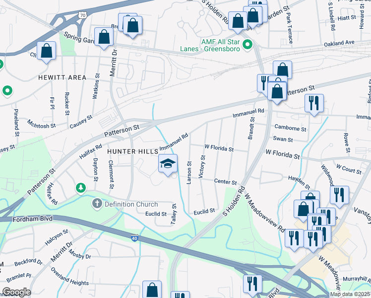 map of restaurants, bars, coffee shops, grocery stores, and more near 3409 Immanuel Road in Greensboro