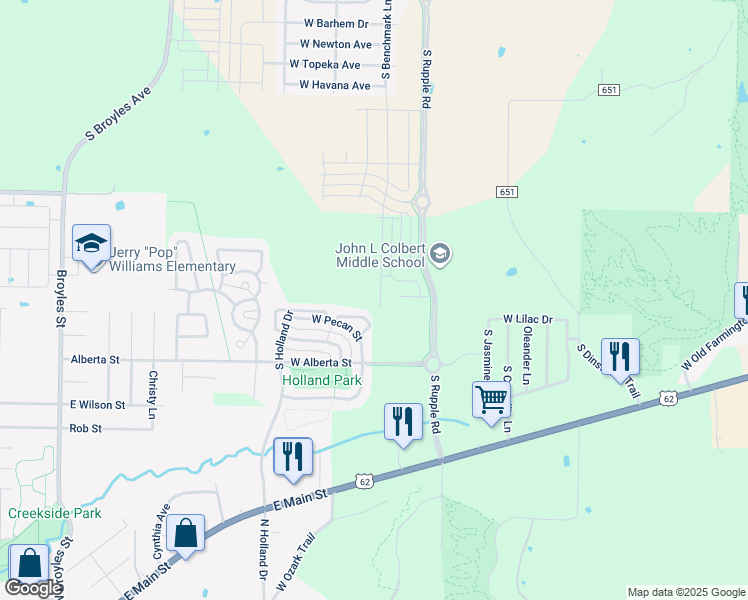 map of restaurants, bars, coffee shops, grocery stores, and more near 4338 West Cottage Street in Fayetteville