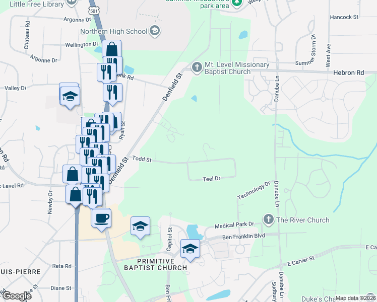 map of restaurants, bars, coffee shops, grocery stores, and more near 402 Todd Street in Durham