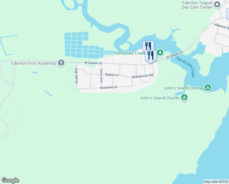 map of restaurants, bars, coffee shops, grocery stores, and more near 123 Kimberly Drive in Edenton