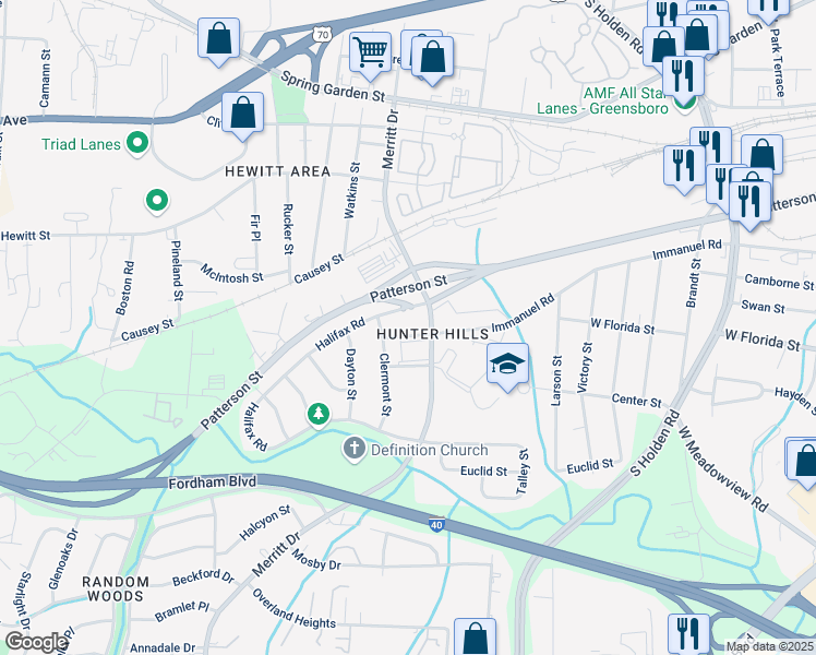 map of restaurants, bars, coffee shops, grocery stores, and more near in Greensboro