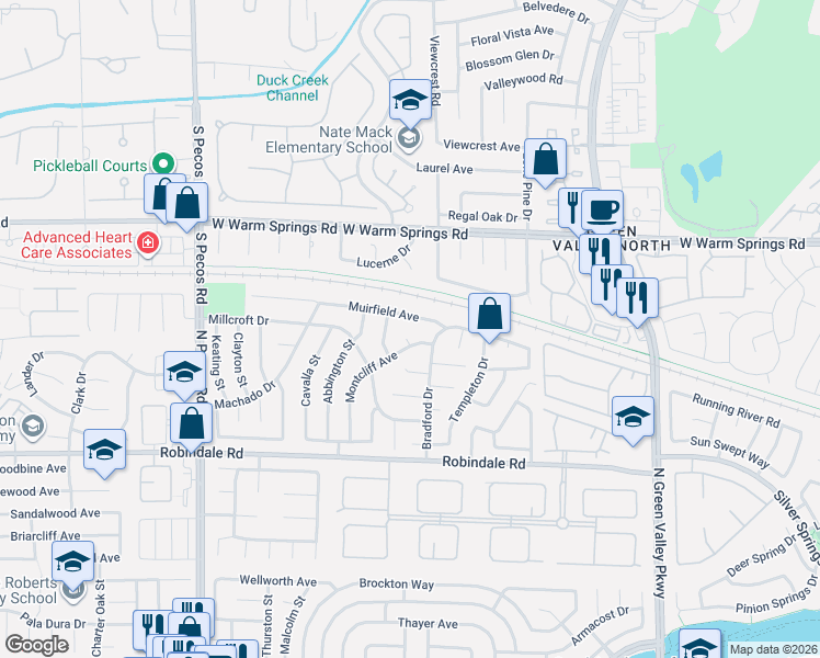map of restaurants, bars, coffee shops, grocery stores, and more near 2415 Muirfield Avenue in Henderson