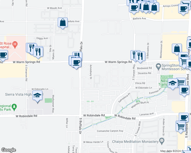 map of restaurants, bars, coffee shops, grocery stores, and more near 7380 Amesbury Street in Las Vegas