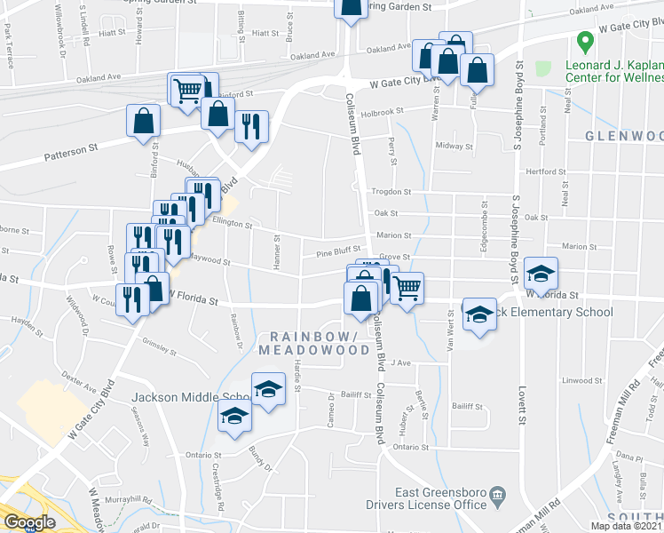 map of restaurants, bars, coffee shops, grocery stores, and more near 2011 Pine Bluff Street in Greensboro
