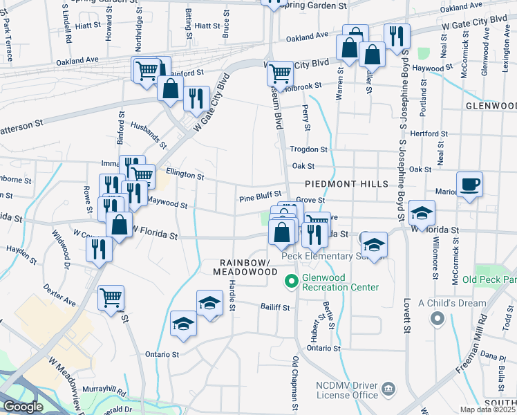 map of restaurants, bars, coffee shops, grocery stores, and more near 2012 Maywood Street in Greensboro