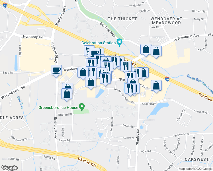 map of restaurants, bars, coffee shops, grocery stores, and more near 6010 Landmark Center Boulevard in Greensboro