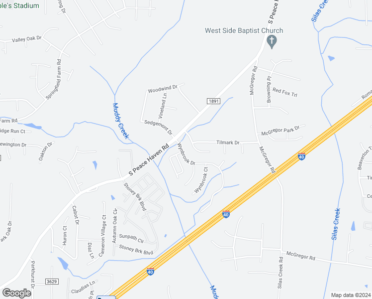 map of restaurants, bars, coffee shops, grocery stores, and more near 2435 Wynbrook Drive in Winston-Salem