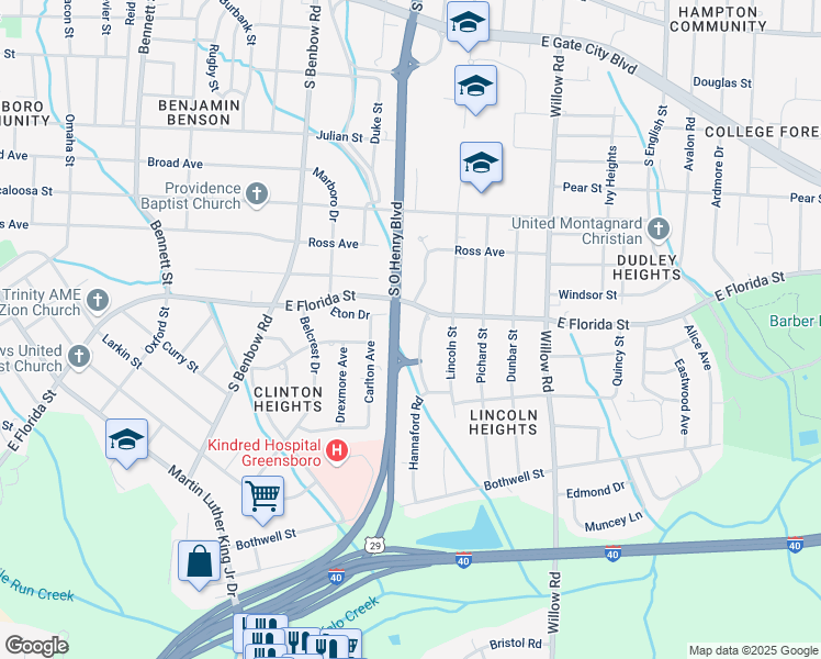 map of restaurants, bars, coffee shops, grocery stores, and more near 1602 East Florida Street in Greensboro