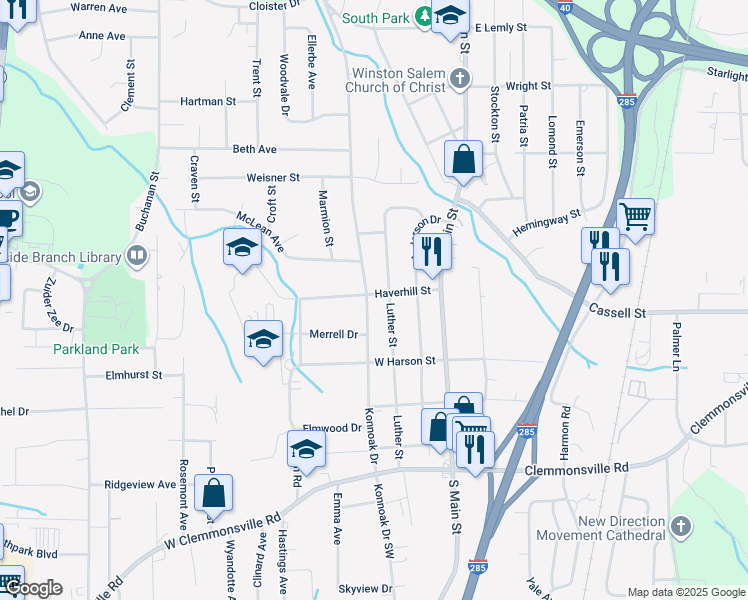 map of restaurants, bars, coffee shops, grocery stores, and more near 3201 Konnoak Drive in Winston-Salem