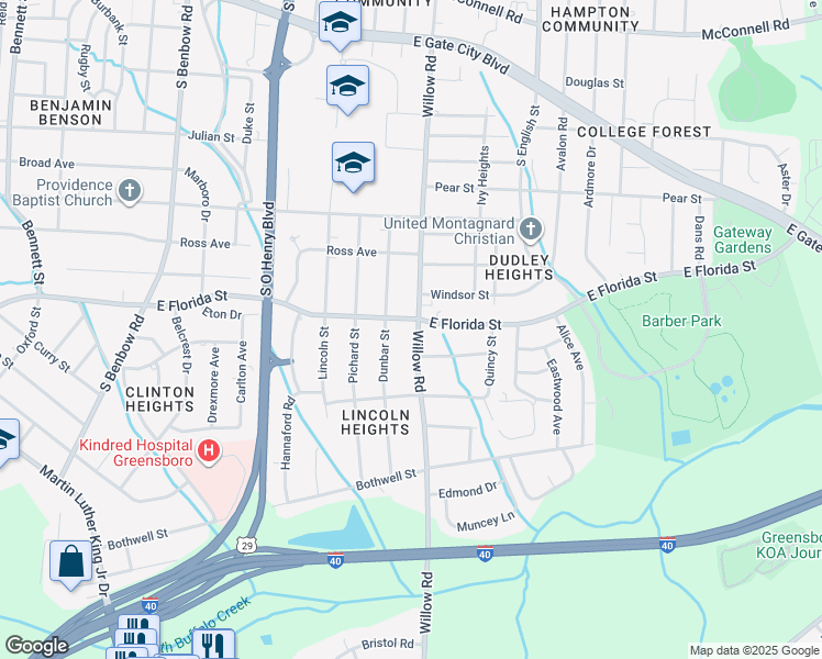 map of restaurants, bars, coffee shops, grocery stores, and more near 1522 Willow Road in Greensboro