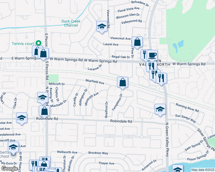 map of restaurants, bars, coffee shops, grocery stores, and more near 2405 Muirfield Avenue in Henderson