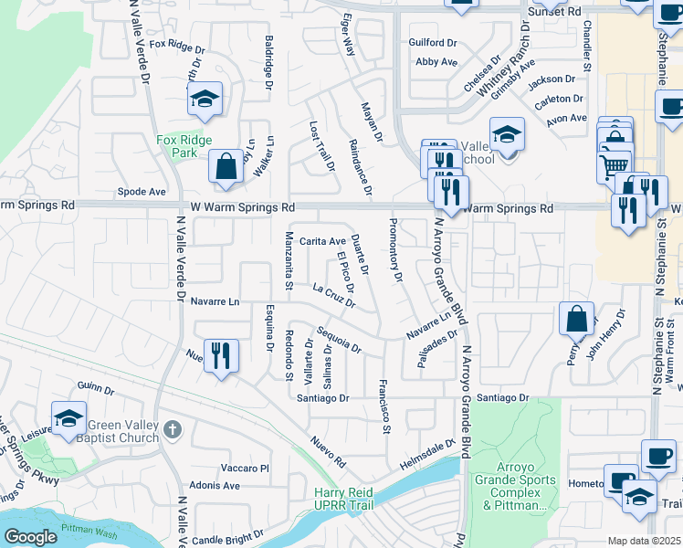 map of restaurants, bars, coffee shops, grocery stores, and more near 1686 Duarte Drive in Henderson