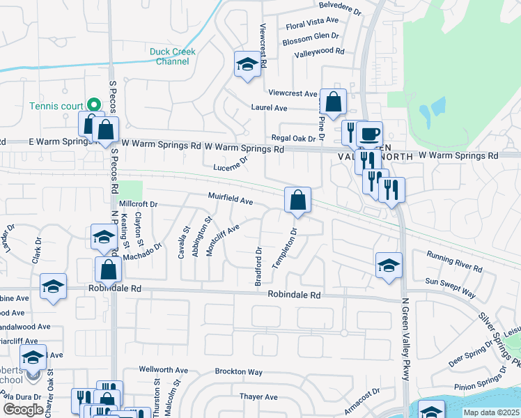 map of restaurants, bars, coffee shops, grocery stores, and more near 2405 Muirfield Avenue in Henderson