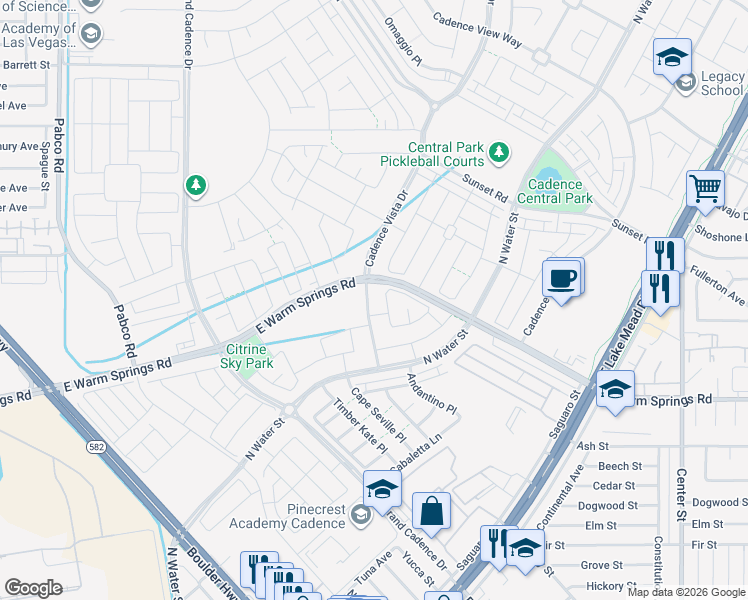 map of restaurants, bars, coffee shops, grocery stores, and more near 327 Cadence Vista Drive in Henderson