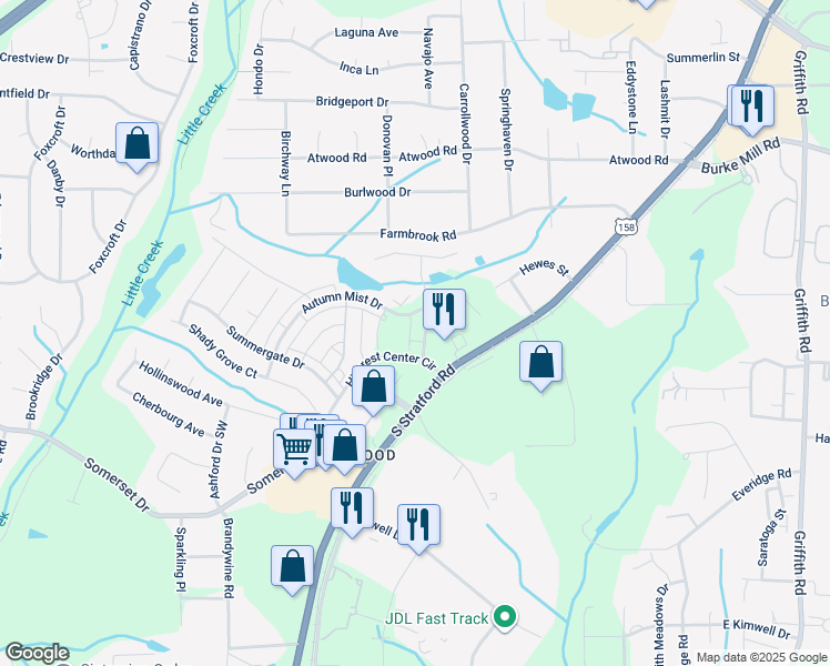 map of restaurants, bars, coffee shops, grocery stores, and more near 2421 Eagle Creek Court in Winston-Salem