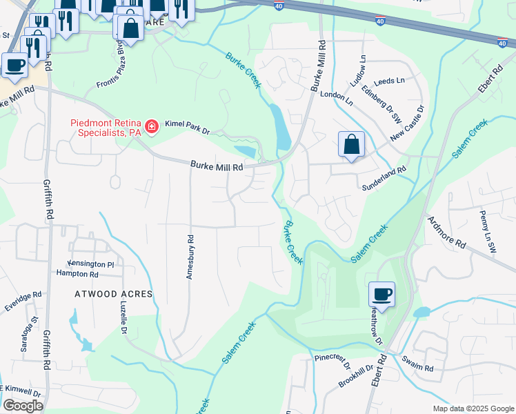 map of restaurants, bars, coffee shops, grocery stores, and more near 2821 Wynfield Crossing Lane in Winston-Salem