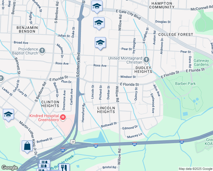 map of restaurants, bars, coffee shops, grocery stores, and more near 1602 Dunbar Street in Greensboro