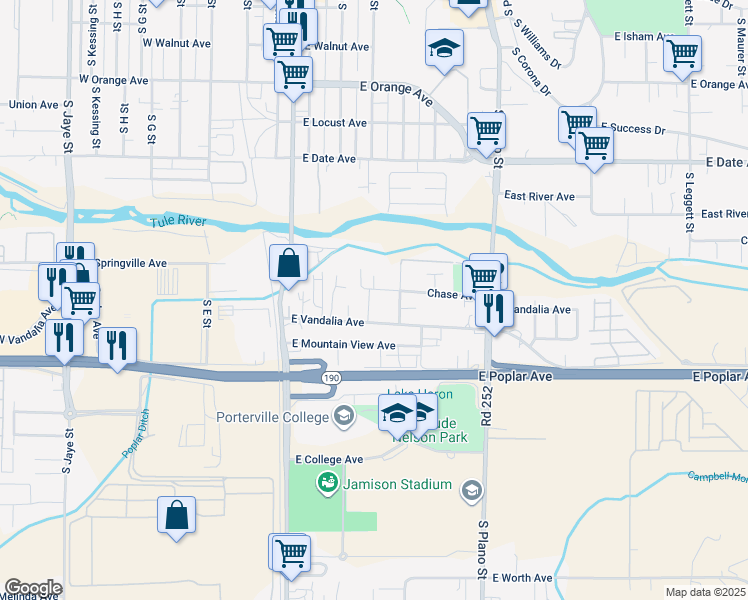 map of restaurants, bars, coffee shops, grocery stores, and more near 189 Chase Ave in Porterville