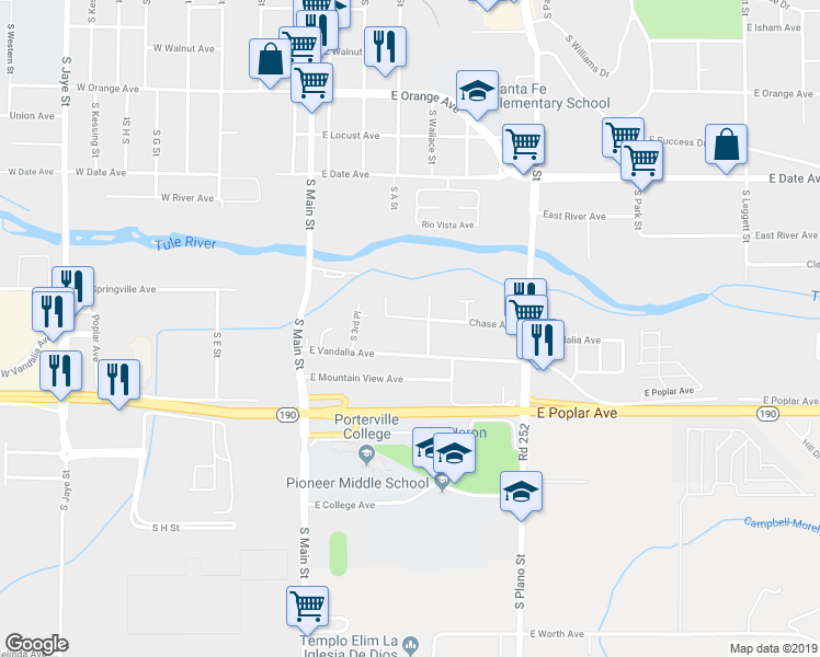 map of restaurants, bars, coffee shops, grocery stores, and more near 189 Chase Avenue in Porterville