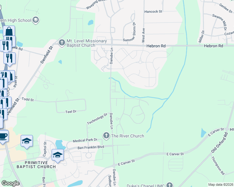 map of restaurants, bars, coffee shops, grocery stores, and more near 601 Fanning Way in Durham