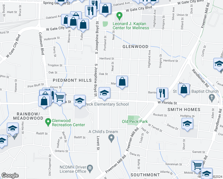 map of restaurants, bars, coffee shops, grocery stores, and more near 1315 Marion Street in Greensboro