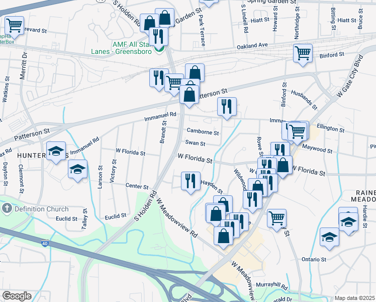 map of restaurants, bars, coffee shops, grocery stores, and more near 1439 Swan Street in Greensboro